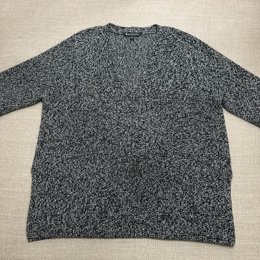Athleta B&W Marled Knit Deep V Neck Raglan Merino Wool Sweater Side Slits Sz L